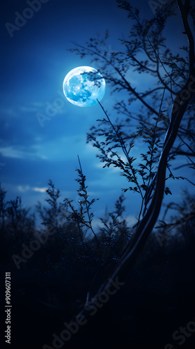 Digital abstracted plants and moon graphic poster background