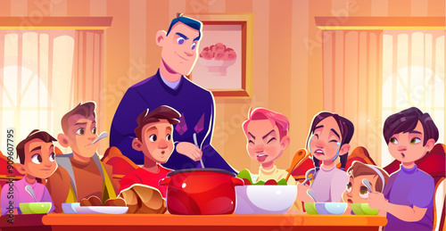 Big family sitting together at dinner table with meals. Cartoon vector illustration of father stand near kids in home dinning room interior. Two capricious teenagers crying and confused children.