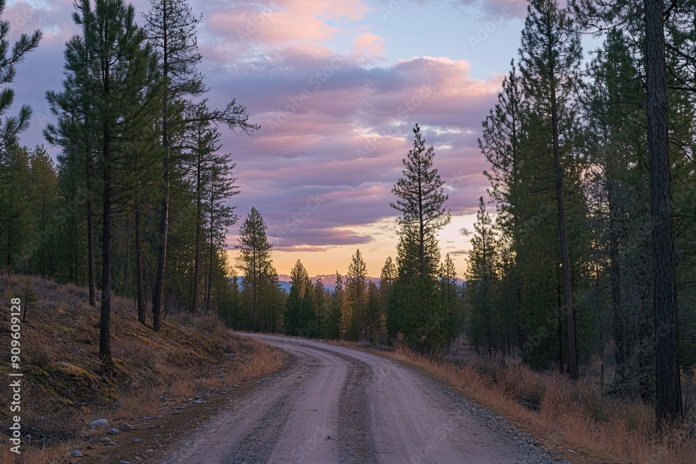Fotografie Winding Forest Road at Sunset with Pink Clouds