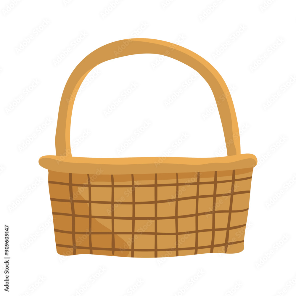 Empty wicker basket standing with woven handle for grocery shopping Empty wicker basket standing with woven handle for grocery shopping