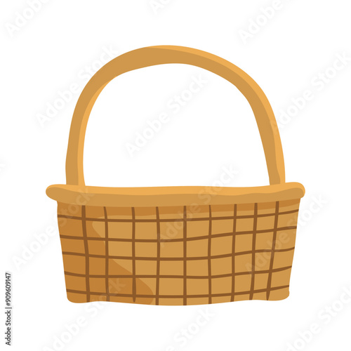 Empty wicker basket standing with woven handle for grocery shopping