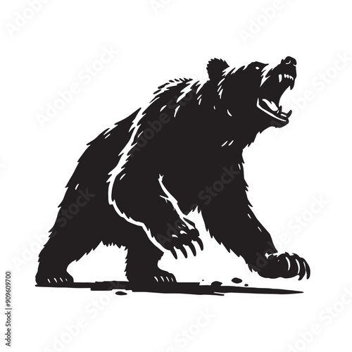A silhouette of a dangerous grizzly bear attacking pose on white background, A bear's mouth is open and Claws spring and ready to attack