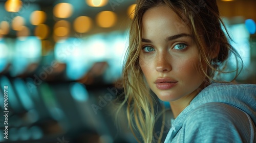 Young Woman With Blue Eyes in Gym Attire Looking Thoughtfully at Camera During Early Morning Workout Session