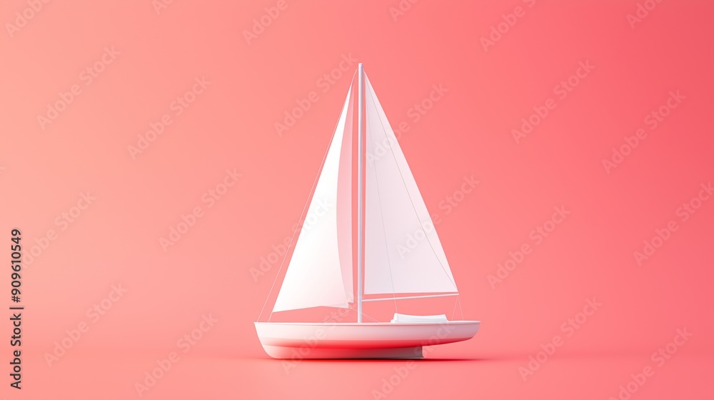 Small white sailboat with full sail on coral background during calm day. Small white sailboat with full sail on coral background during calm day.