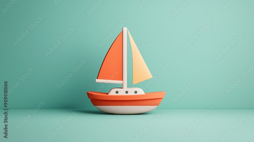 Brightly colored toy sailboat on simple pastel background for children's playroom decor, 3d illustration.