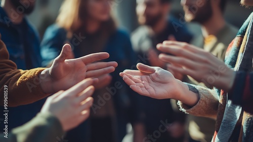 A group of people engaging in a lively conversation, with hands gesturing expressively in a warm, social environment. 