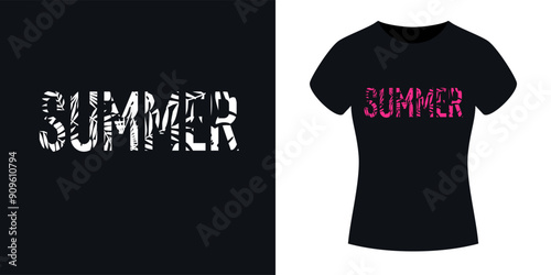 The pattern on the clothes. Print on the T-shirt. Modern fashion illustration. A vector graphic image. A template for placing an illustration on clothes. The inscription is summer.