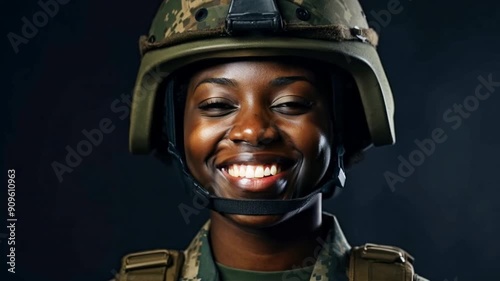 Young black woman wearing military uniform including camouflage fatigues and a helmet. She is ready for war to protect and serve her country