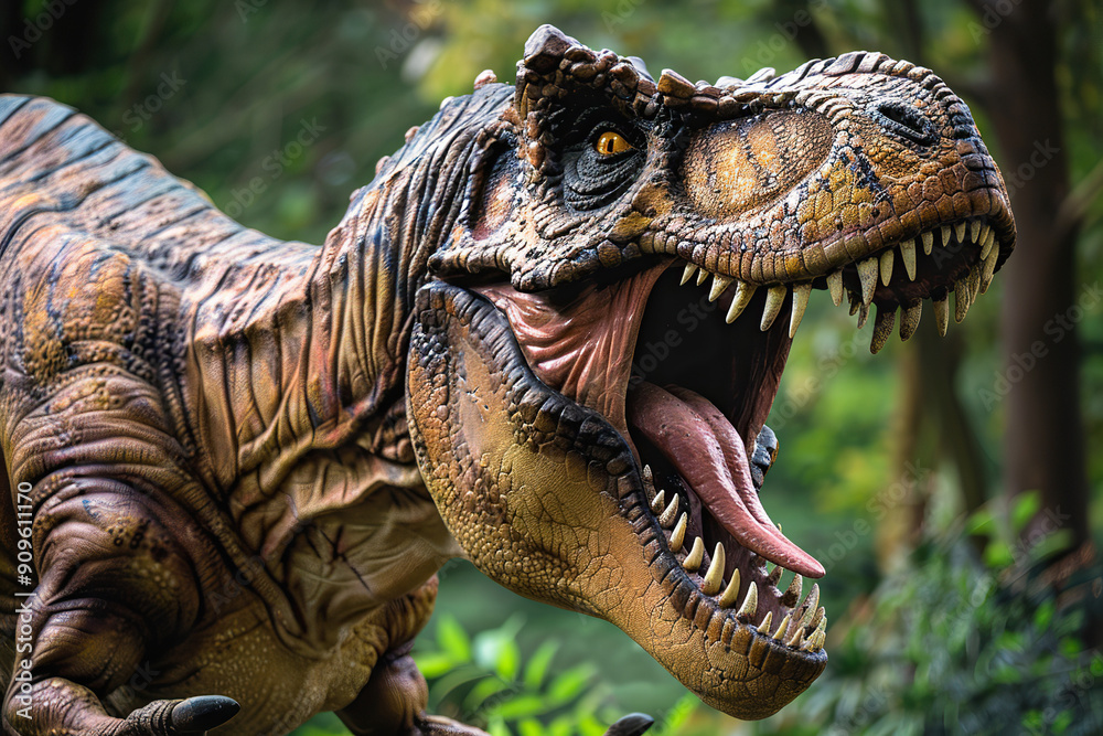 Generative ai on theme of big scary hungry dinosaur with kind eyes and sharp teeth destroying park Generative ai on theme of big scary hungry dinosaur with kind eyes and sharp teeth destroying park