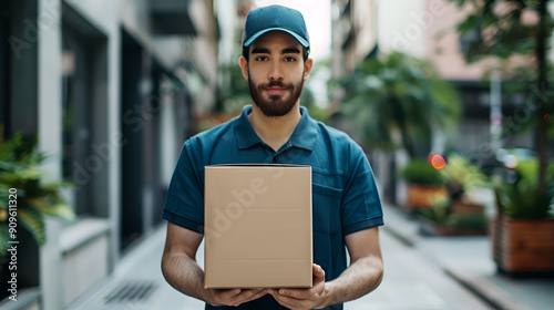 Courier delivering parcel to customer, delivery man handing over package for delivery 