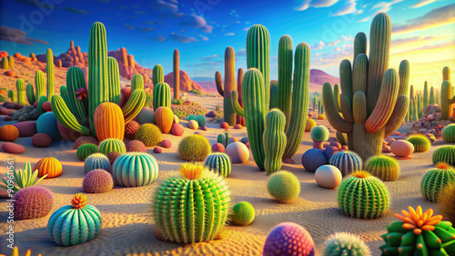 desert with colorful cacti of different shapes and sizes, 3D rendering, illustration, plants, sand, heat, wildlife, background, wallpaper, cartoon, thorns, succulent, landscape, Africa, Sahara, cactus