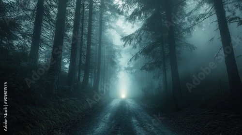 A Foggy Forest Road Leading to Light