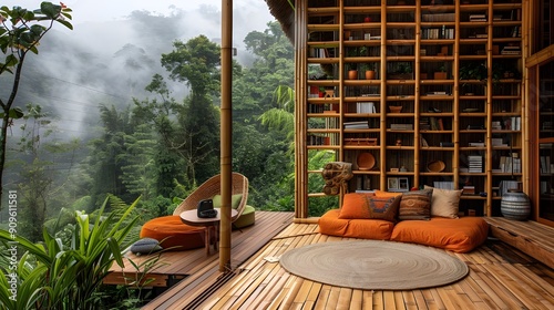 a wooden house in the mountains, surrounded by green trees and plants. the room is decorated with bamboo furniture, with bookshelves on one wall and orange cushions photo