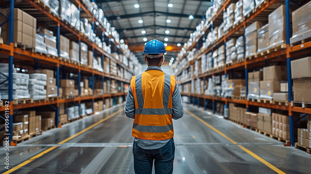 Warehouse worker in safety gear overseeing large storage facility with stacked boxes. Concept of logistics, inventory management, and supply chain operations. Warehouse worker in safety gear overseeing large storage facility with stacked boxes. Concept of logistics, inventory management, and supply chain operations.