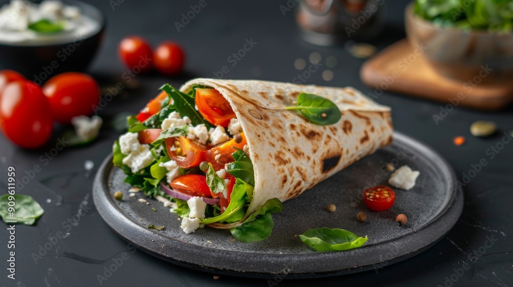 A delicious Mediterranean lunch featuring a feta cheese wrap filled with fresh greens and a high-protein focus, perfect for a nutritious and satisfying meal. A delicious Mediterranean lunch featuring a feta cheese wrap filled with fresh greens and a high-protein focus, perfect for a nutritious and satisfying meal.