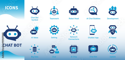 Chat bot icons. Set of flat icons on artificial intelligence, robots, chat, communication, technology, neural network, knowledge