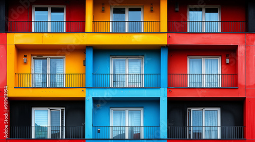 Colorful apartment building facade with red  yellow  and blue balconies showcasing vibrant urban architecture. Concept of modern residential design and geometric patterns.