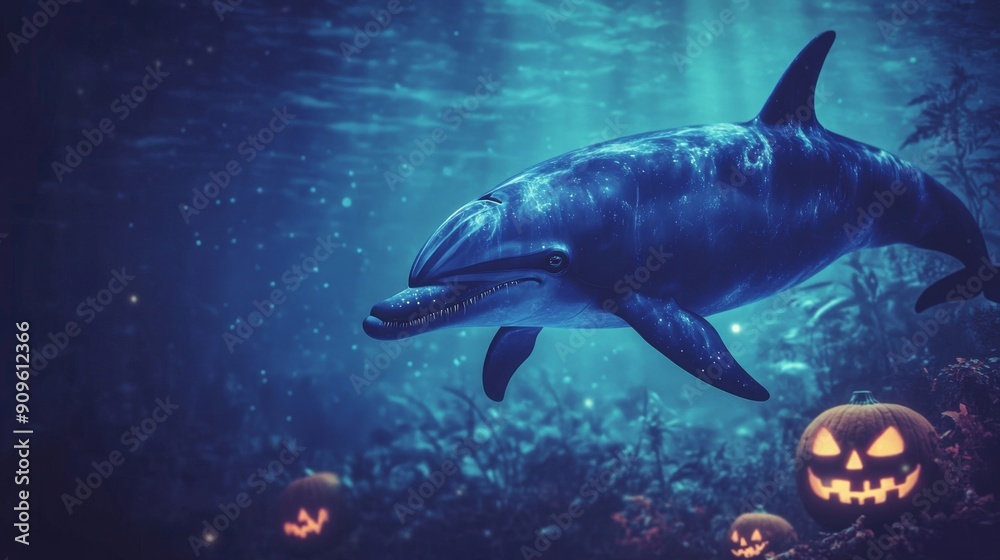 Obraz premium A dolphin with a spooky appearance, swimming through a haunted ocean with glowing Halloween effects