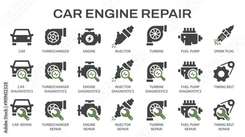 Car engine repair icons, such as turbo charger diagnostics, fuel injector, turbine, spark plug and more. Vector illustration. Easily changes to any color.
