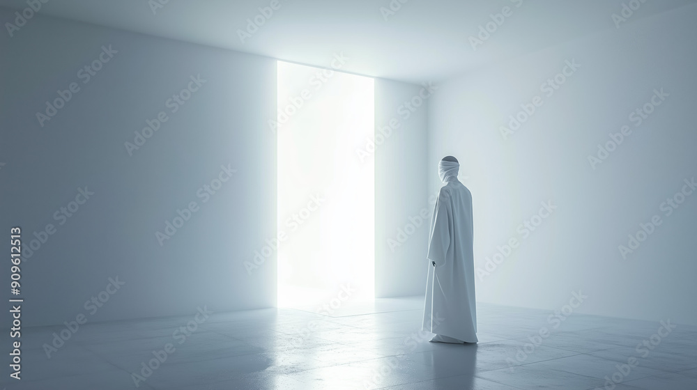 Obraz premium Mystical Scene of a Blindfolded Individual in White Robes Facing a Radiant White Door in an Ethereal White Space