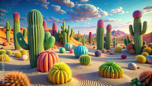 desert with colorful cacti of different shapes and sizes, 3D rendering, illustration, plants, sand, heat, wildlife, background, wallpaper, cartoon, thorns, succulent, landscape, Africa, Sahara, cactus