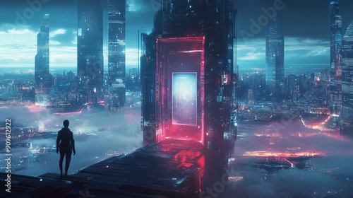 Futuristic Cityscape: Person in High-Tech Suit Facing Holographic Door on Floating Islands photo