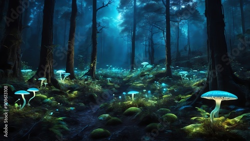 A dark forest at night with glowing blue mushrooms and moss.