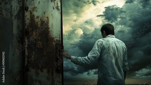 Rusty Iron Door with a Man Knocking and a Brewing Storm in the Distant Sky photo