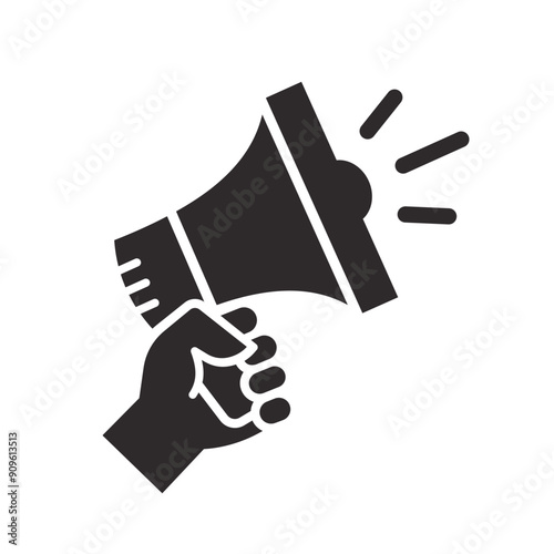 Graphic icon of a hand holding a megaphone, symbolizing announcement, communication, or alert. Vector illustration.