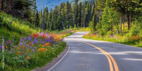 Winding Road Through a Forest with Wildflowers