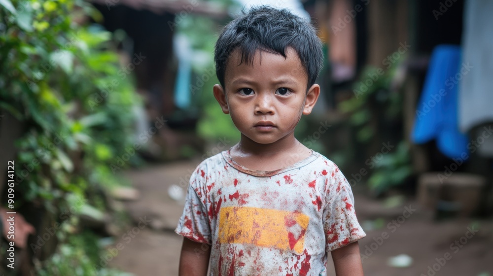 A child stares solemnly amidst the ruins of a conflict-ravaged village A child stares solemnly amidst the ruins of a conflict-ravaged village