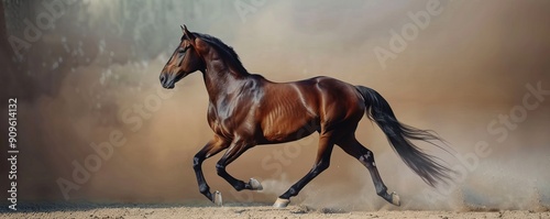 Elegant Arabian horse trotting gracefully, 4K hyperrealistic photo