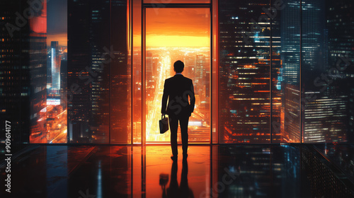 Business Suit Individual with Briefcase Facing Modern Glass Door Overlooking a Busy Urban Skyline photo