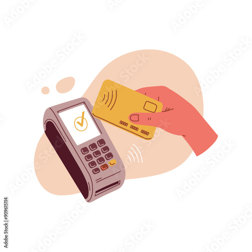 Person pays by bank plastic card, contactless payment wireless system, POS terminal service, vector banking technology