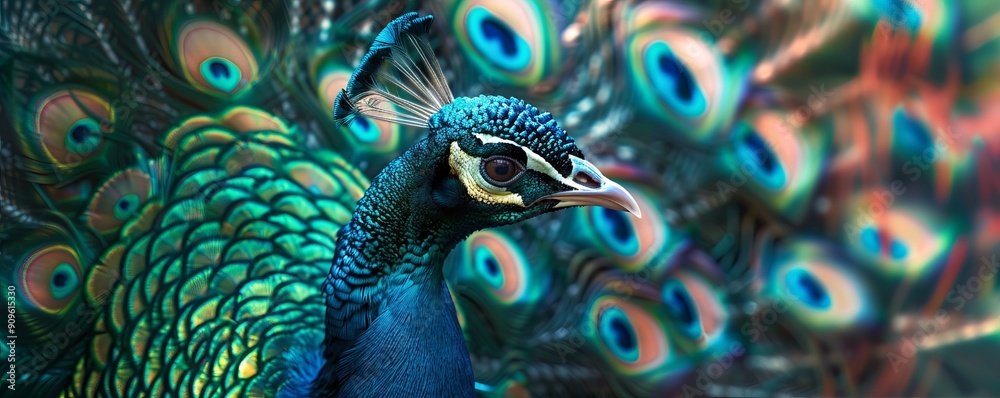 Fototapeta premium Regal peacock displaying its vibrant plumage, 4K hyperrealistic photo