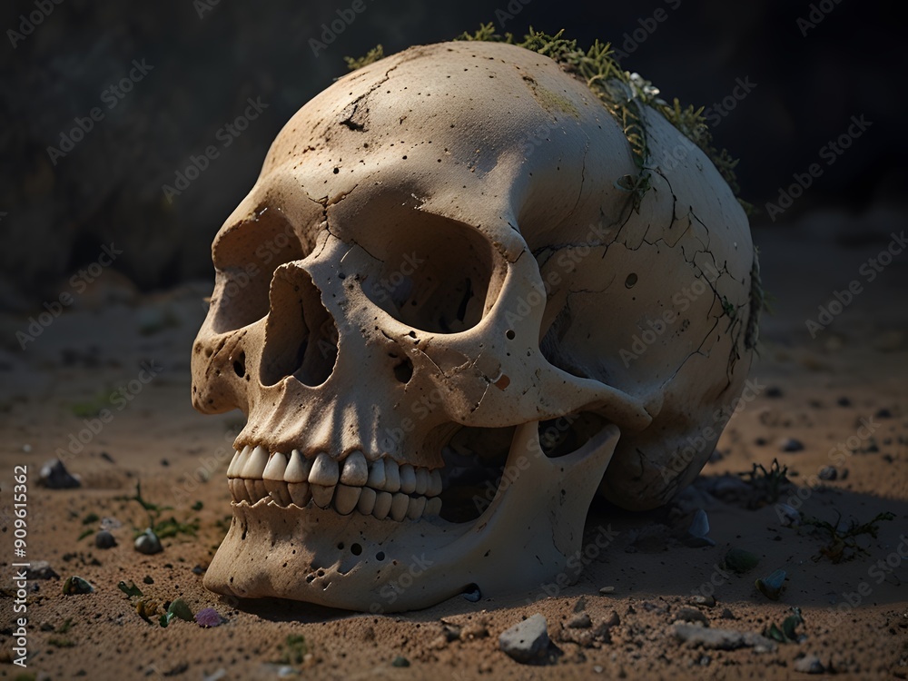 Ancient Weathered Skull: An ancient, weathered skull partially buried in the sand, showing signs of age and erosion. Include cracks, missing teeth, and subtle moss or lichen growth for a more dramatic
