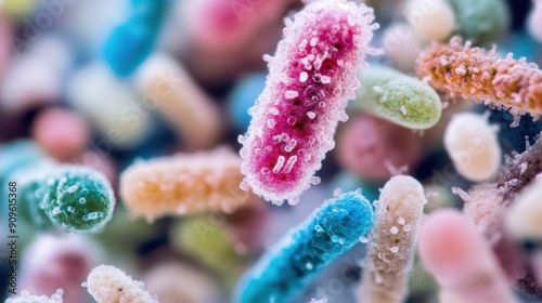 Vibrant microbes are observed under a microscope in a laboratory, showcasing diverse shapes and colors