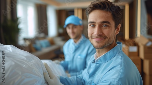 Two Workers Smiling While Packing Products in a Bright Living Room During Daytime