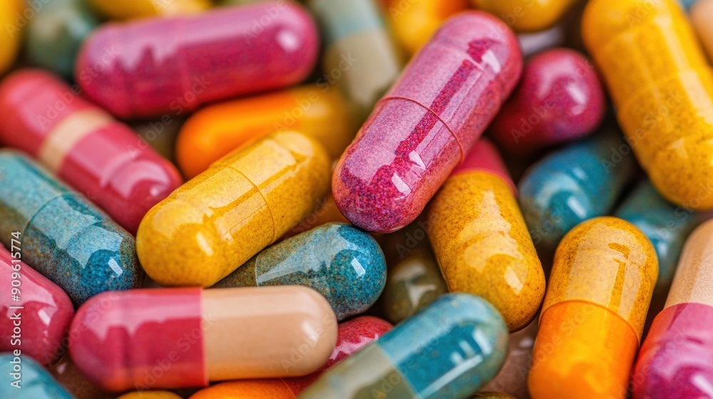 A close-up display of various colorful pills and capsules clustered together in a bright light A close-up display of various colorful pills and capsules clustered together in a bright light