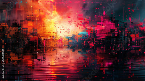 digital glitch art with chaotic color blocks and broken pixel patterns, showcasing a vibrant and abstract design with warm and dark tones