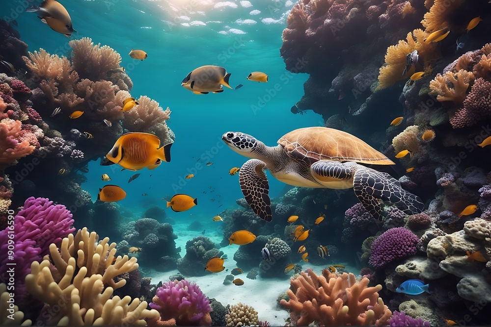 Φωτογραφία colorful fishes coral many sea turtle reef animal aquarium aquatic background be