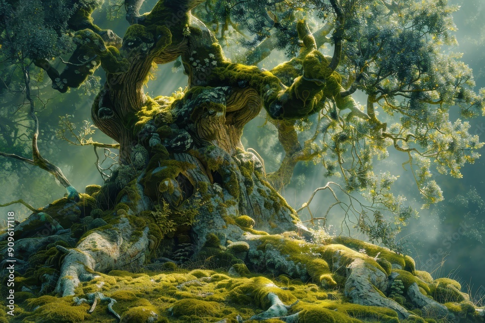 Ancient Tree Trunk Covered in Moss in a Misty Forest Ancient Tree Trunk Covered in Moss in a Misty Forest