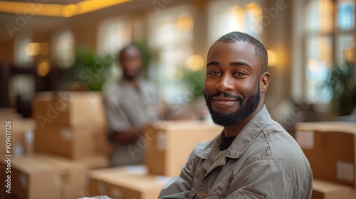 Smiling Delivery Worker Preparing Packages in Busy Warehouse During Daytime