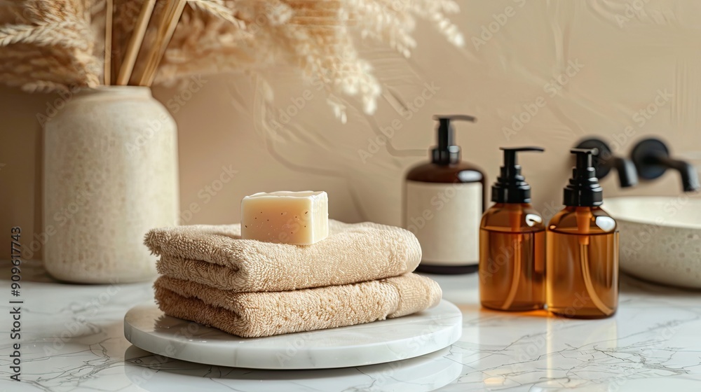 Cosmetic products such as shampoo bottles and square soap bars towel stack on marble plate; studio picture with beige background Cosmetic products such as shampoo bottles and square soap bars towel stack on marble plate; studio picture with beige background