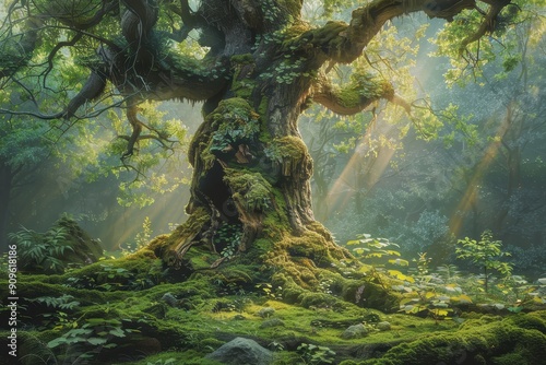 Ancient Tree in a Sunlit Forest