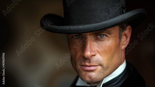 Man in a classic black top hat and formal attire, staring confidently at the camera.