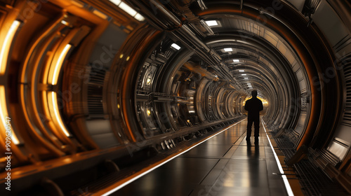 Exploration of an Alien Research Lab: Individual Navigating Through Subterranean Tunnels in a High-Tech Facility photo