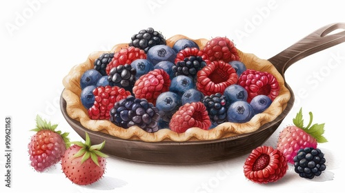 Enjoy a vibrant watercolor of a berryfilled pie in a cast iron skillet, perfect for any kitchen decor or foodie art lover.