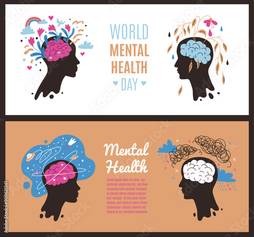 A collection of two vector posters dedicated to mental health care with silhouettes of people