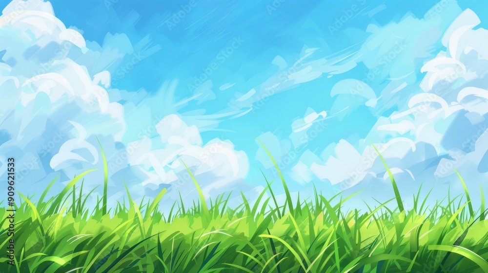 Vibrant digital artwork showcases a serene soft green meadow beneath a clear blue sky, evoking tranquility and natures beauty. Vibrant digital artwork showcases a serene soft green meadow beneath a clear blue sky, evoking tranquility and natures beauty.